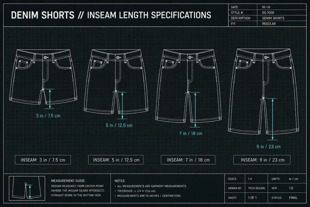 Technical drawing comparing four denim shorts inseam lengths at 3 inches, 5 inches, 7 inches and 9 inches, measured from crotch point to hem