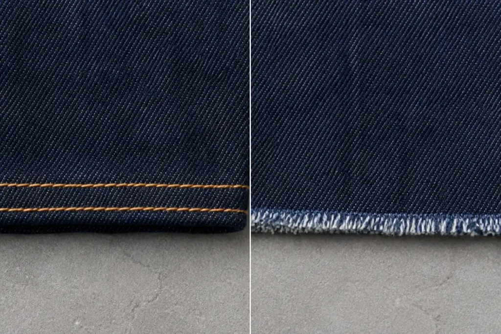 Close-up comparison of a turned denim shorts hem with double topstitching and a raw frayed hem with exposed white weft threads