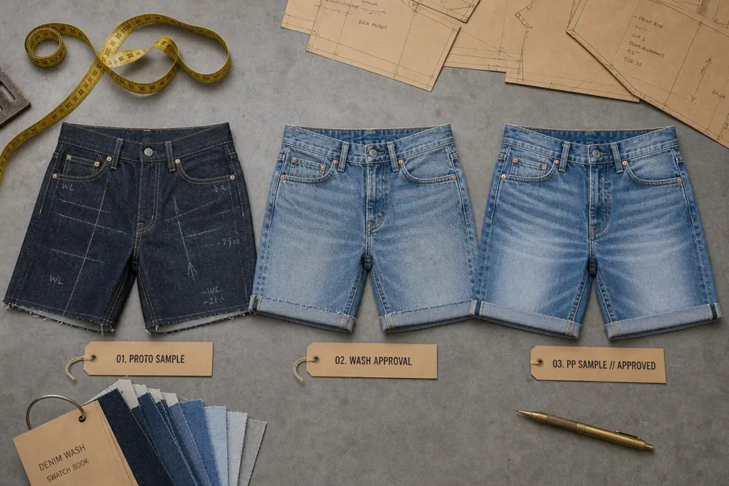 Three denim shorts samples at proto, wash approval and PP stages laid out with a denim wash swatch book, paper patterns and measuring tape