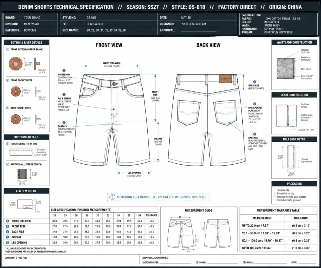 Denim shorts tech pack with front and back technical views, construction callouts, leg hem detail, size specification chart and measurement tolerance table