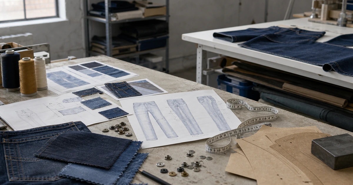 Denim manufacturing for independent designers — design sketches, fabric swatches and hardware on a studio workbench