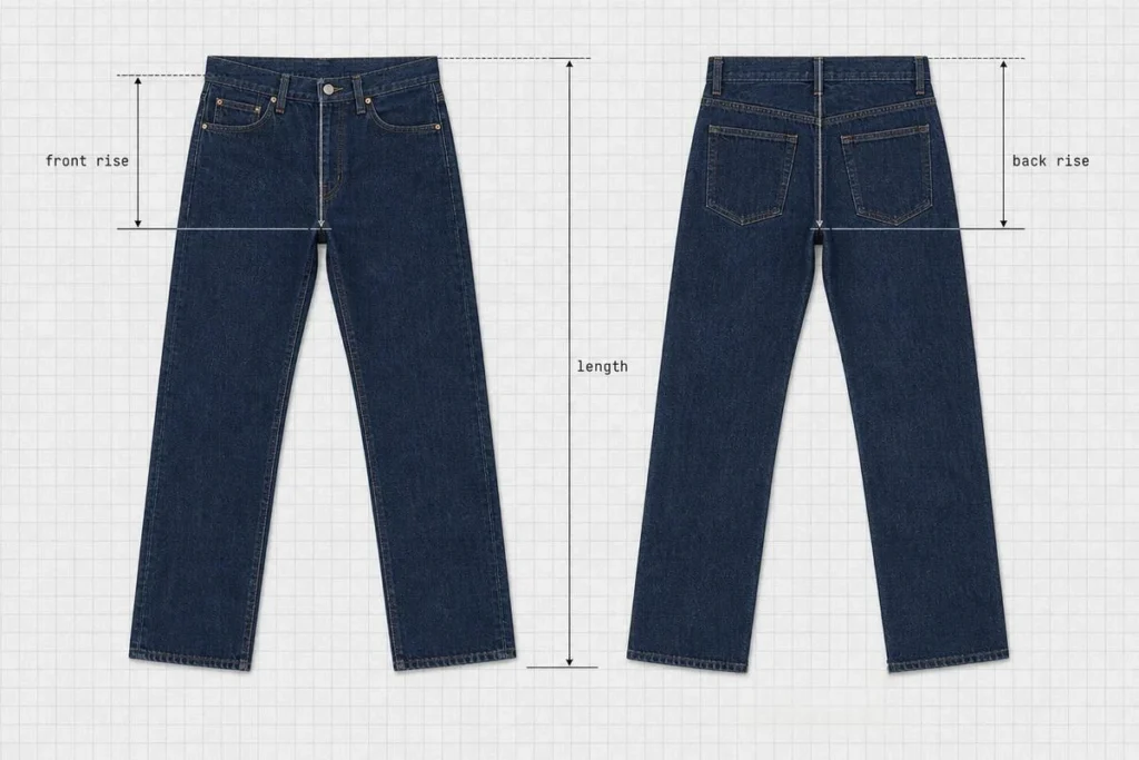 Denim jeans flat lay with measurement lines marking front rise, back rise and length