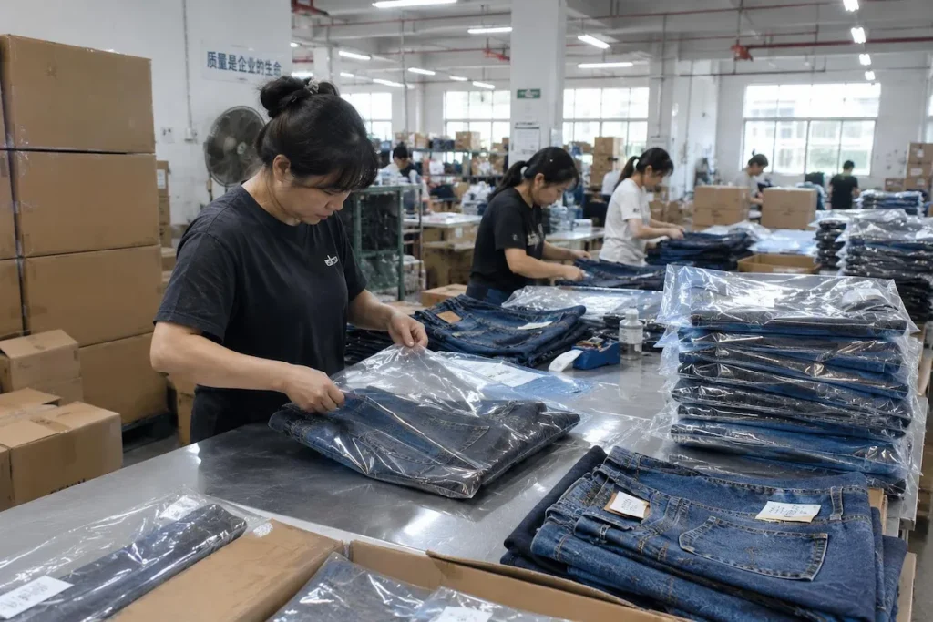 Finished small batch denim orders packed for shipment