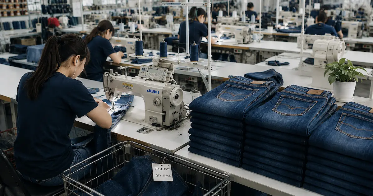 Small batch denim production China — flexible sewing line handling a 100-piece custom jeans order